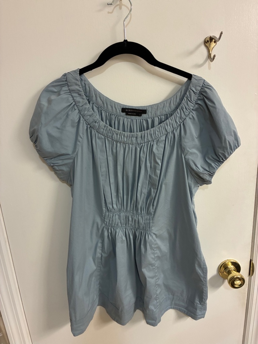 BCBGMaxAzria Powder Blue Puff Sleeve Top-Cotton Blend- Sz L
